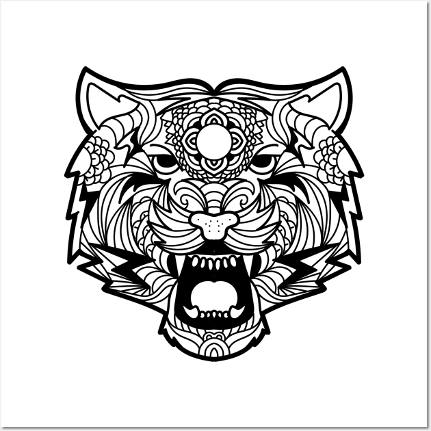 Tiger Fierce Scary Fangs Mandala Black and White Brave Warrior Wall Art by ActivLife